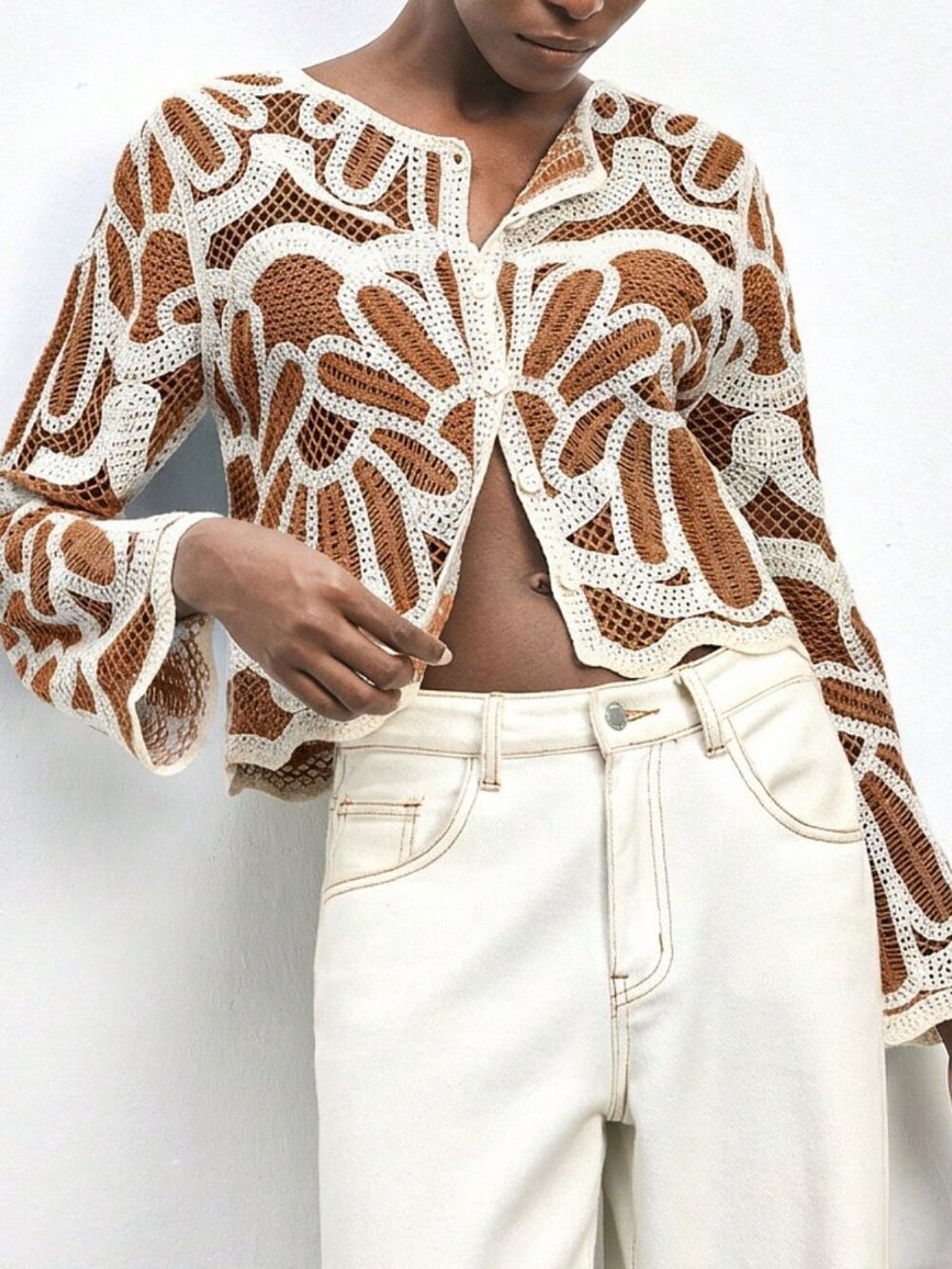 Brown Casual Women's Beach Vacation Allover Print Single-Breasted Cardigan - Picture 6 of 7